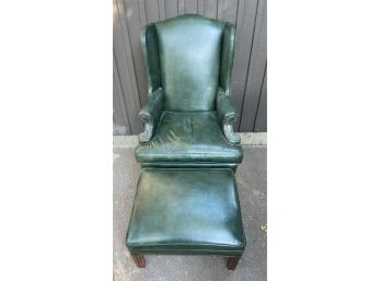 Green Leather Highbacked Armchair With Matching Footrest