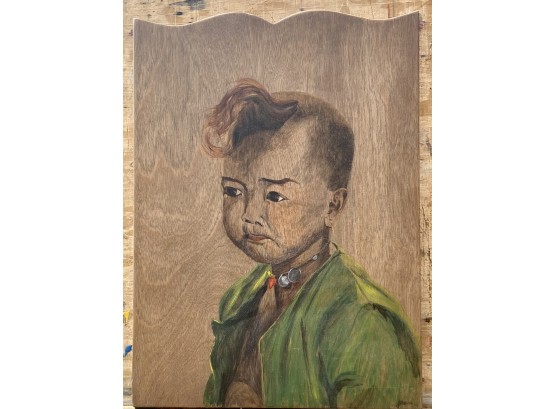 Jean Redman Goering Nebraska Oil On Wood Native American Child Portrait