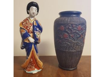 Nice Asian Floral Molded Vase With Geisha Girl China Doll