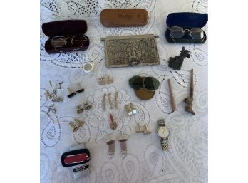 Collection Of Vintage Wire Rim Eye Glasses 12K GF & Assorted Cuff Links & Tie Tacs, Hand Carved Wood Pipe