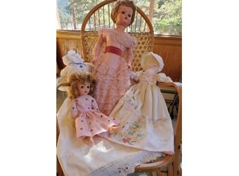 (4) Dolls Including A Large Bed Doll In Pink Lace Gown, Ideal Doll And Two Handmade Pillowcase Dolls