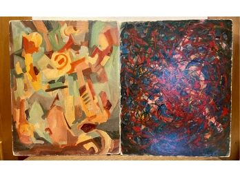 2 Dave Stirling Green, Red, & Orange Toned Abstract Oil Paintings Out Of Frame
