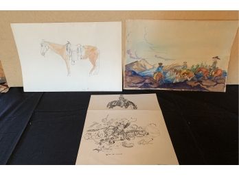 (3) Jack Stirling Including One Water Color Horses & Riders Two Etchings One Partially Painted