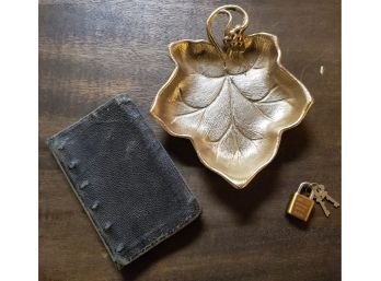 Small Vintage Lot,  A Little Black Book, A Walsco Brass Miniature Lock And Metal Leaf Decorative Dish