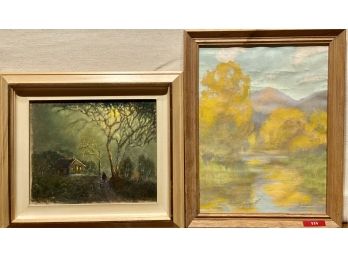 2 Small Unmarked Paintings In Frame Including Landscape & Detailed Cottage