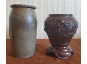 Interesting Metal Dragon Vase & Stoneware Crock (chips)