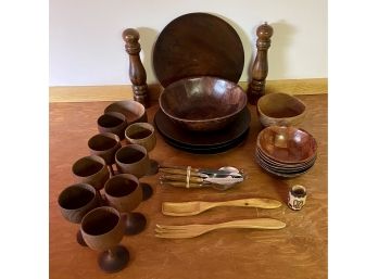 Vintage Wooden Dinner Set From Ecuador Includes Goblets, Plates, Bowls, Utensils And More
