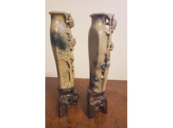 (2) Gorgeous Vintage Japan Hand Carved Soapstone Vases 10' Tall