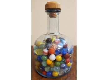 (#2) Vintage Bottle Of Marbles Including Aggies & Cat's Eyes