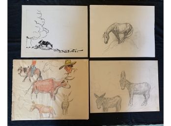 4 Jack Stirling One Water Color Donkey And Three Black Sketches