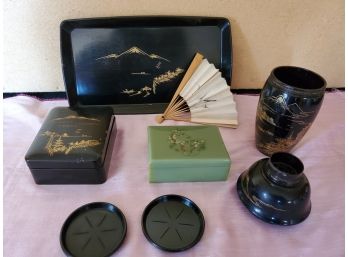 Asian Grouping Including Black Laquer Tray, Shaker No Lid, Green Ming Lucite Box