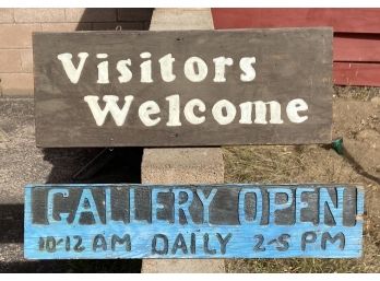 Hand Painted/carved 'visitors Welcome' & Gallery Open' Wooden Signs