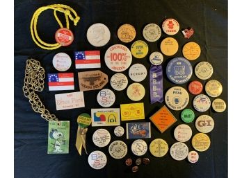 Collection Of Local Buttons Including Colorado Jaycees, Snoopy Necklace And More