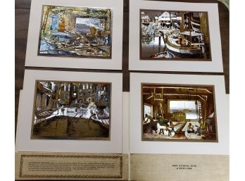 (4) Gorgeous Lionel Barrymore Foil Etch Prints, Waterfront, Dry Dock, Old Boat Works & Home Port