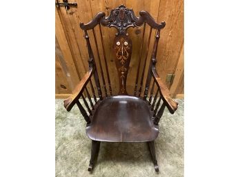 Beautiful Antique Mahogany Rocker With Mother Of Pearl Inlay