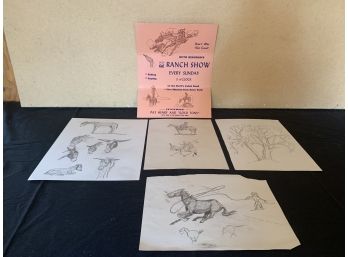 (5) Jack Stirling One Advertising Piece Signed Includes Four Sketches One Signed