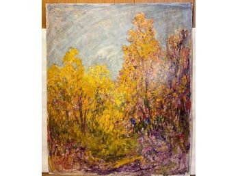 Dave Stirling Double Side Oil Painting With Colorful Autumn Trees & Abstract
