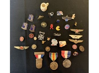 Collection Of Vintage Medals With Ribbons, 1953, 1931 Estes Park Delegate Pin,  Wings, Lapel Pins & More