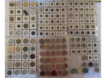(6) Sheets Of Vintage Tokens And Wooden Nickels Including Crystal Pistol Saloon & Tax Tokens