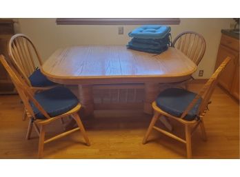 Solid Oak Dining Table And 4 Chairs A-American  Two Sets Of Cushions Green & Blue