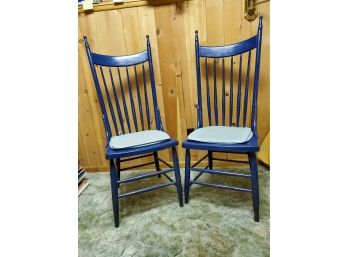2 Antique Wood Ladder Back Blue Painted Chairs & Green Pads