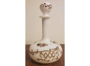 Antique Hand Painted Raised Design Milk Glass Whiskey Decanter
