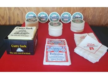 Vintage Cutty Sark Napkin Holder W/ Budweiser, Michelob & Cutty Sark Napkins,   Heineken Coasters