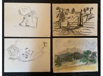 (4) Jack Stirling (2) Political Ink Drawings (1) Pen & Ink Landscape & (1) Watercolor Landscape 1945