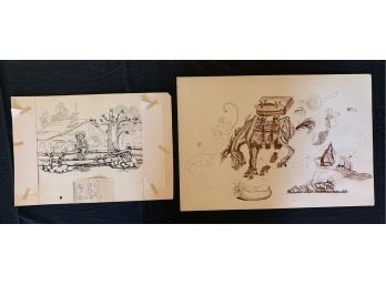 (2) Jack Sterling Ink Drawings Including A Sepia Donkey & Cowboy On A Fence Signed