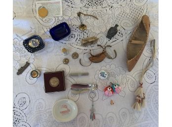 Trinkets Including Frankfort Wedding Ring Dish, Cobalt Square Dish, Bells, 2 Navajo Souvenir Copper Bracelets
