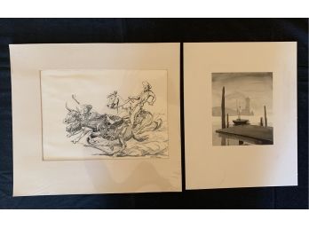 (2) Jack Stirling Etchings One Unsigned Watercolor Black & White