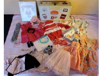 Cute Collection Of Vintage Doll Dresses, Shoes, Jewelry, Jackets And Knit Doll Items, 2 Boxes