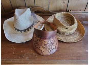 (3) Vintage Hats One Hand Tooled Visor, One Sevens Western, Raffia Hat Made In Italy