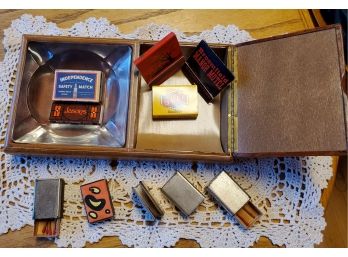 Tobacciana Vintage Leather Bound Ashtray Holder With Assorted Matchbooks & Metal Matchbook Holders