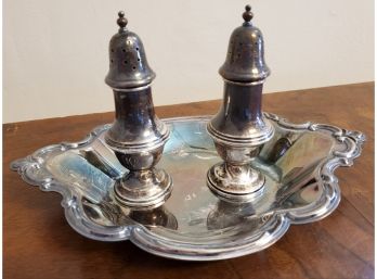 Nice Sterling Silver Cement Filled Reinforced Salt & Pepper And Silver Plate Tray