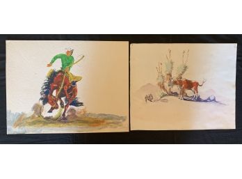 2 Jack Stirling One Oil Bull Rider Signed  & One Water Color Bull