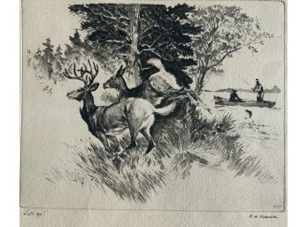 R. H. Palenske 'Let's Go' Running Deer  Dry Point Etching