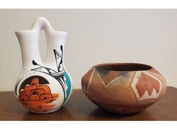 (2)  Native American Pottery Vases L. Toya Jemez New Mexico & Pottery  Bowl No Signature