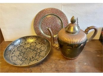 Brass & Copper Teapot With Decorative Brass Bowl & Charger