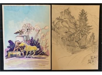 (2) Jack Stirling One Water Color Horse And WIndmill & One Pencil Trees & Rocks
