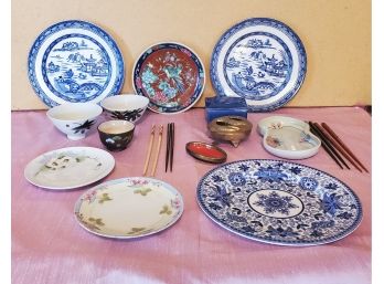 Beautiful Lot Including Asian Chopsticks, Plates, Bowls And Incense Burners