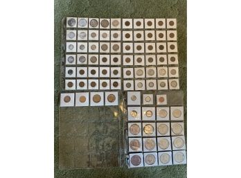3 Sheets Of Vintage US Coins Including Buffalo Head Nickels, 1891 Silver Dollar, 1970's, One Cent Filipinas