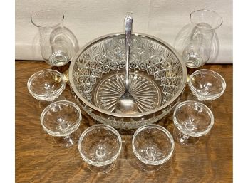 Vintage Glassware Collection Including Salad Bowl, Dessert Cups & Crystal Candle Holders