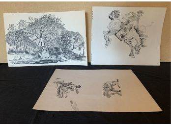 (3) Jack Sterling Ink Drawings Including A Landscape, Bronc & Rider & 2 Horses