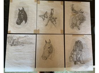 (6) Jack Stirling Trace Paper Etchings Horses, Dog & Bucking Bronco