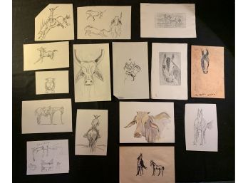 Jack Stirling Lot Of Small Paper Etchings Including One Water Color Bull