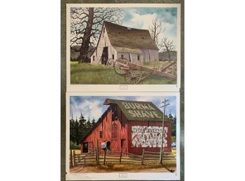 (2) Alfred Owles Litho On Paper Print  'The Red Barn' & 'Springtime'