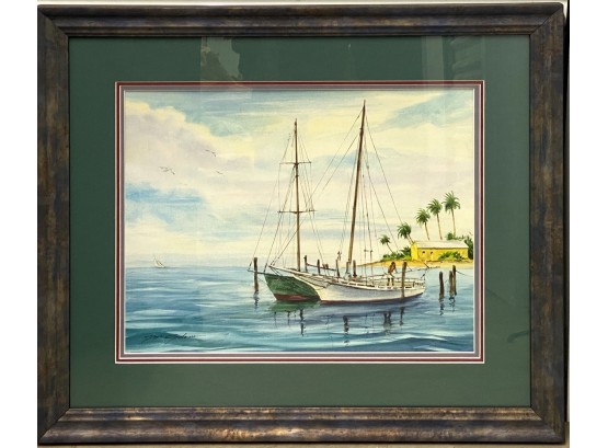 Gene Galasso Original Marine Watercolor Of Seaside With Man On Boat