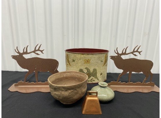 Collection Of Western Themed Home Décor Including Elk Bookends & Chinese Signed Pottery Vessel