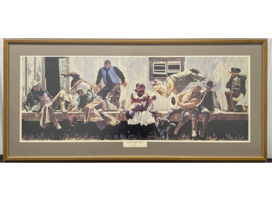 “Bunkhouse Panic” By Oleg Stavrowsky Western Scene With Cowoboys And Goat Signed By Artist